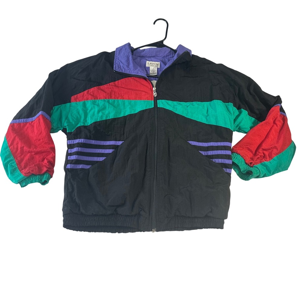Vintage Lavon Colorblock Windbreaker Jacket Womens Large Black Purple 90s Retro